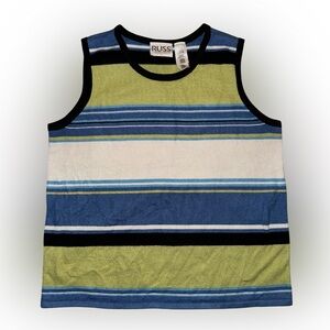 Russ Large knit tank, stripped blue green black and white dressy casual top